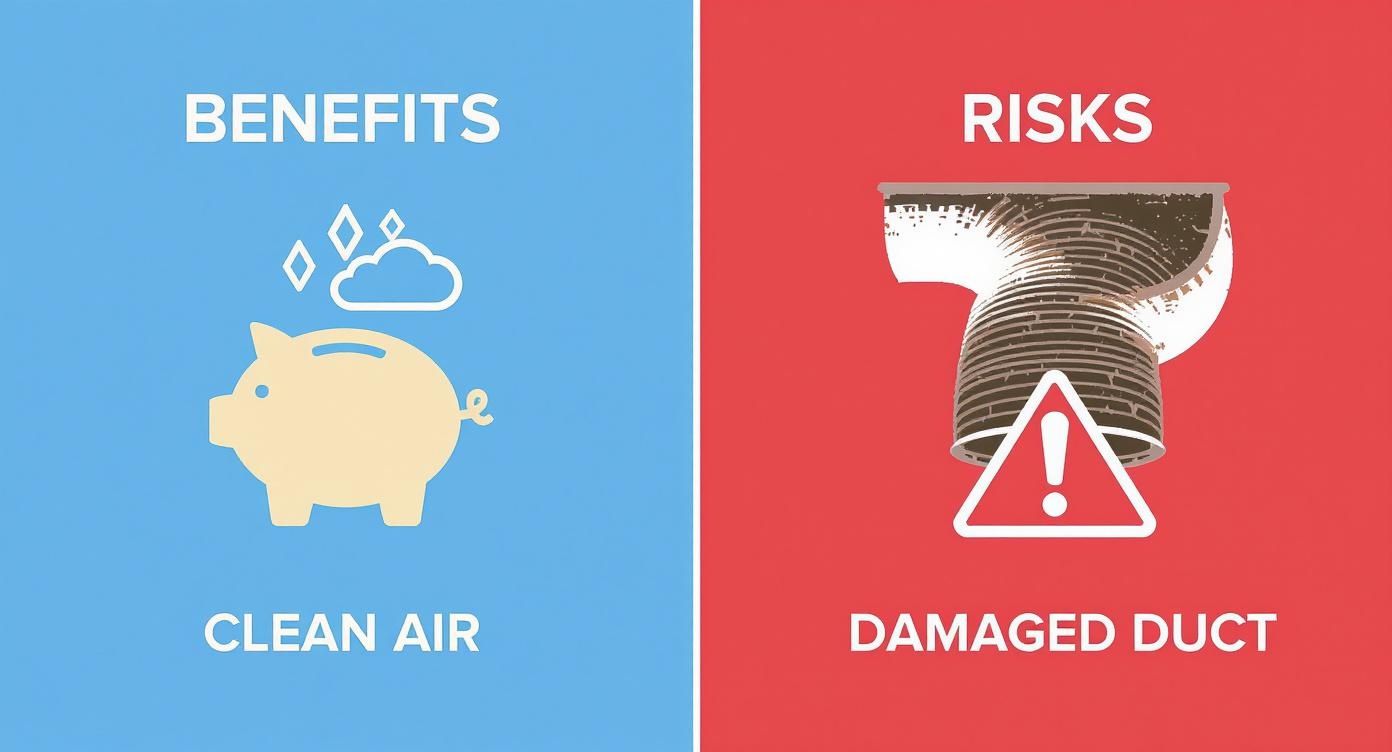 Infographic comparing the benefits of professional duct cleaning, like clean air and cost savings, against the risks of shoddy work, such as damaged ducts and poor results.