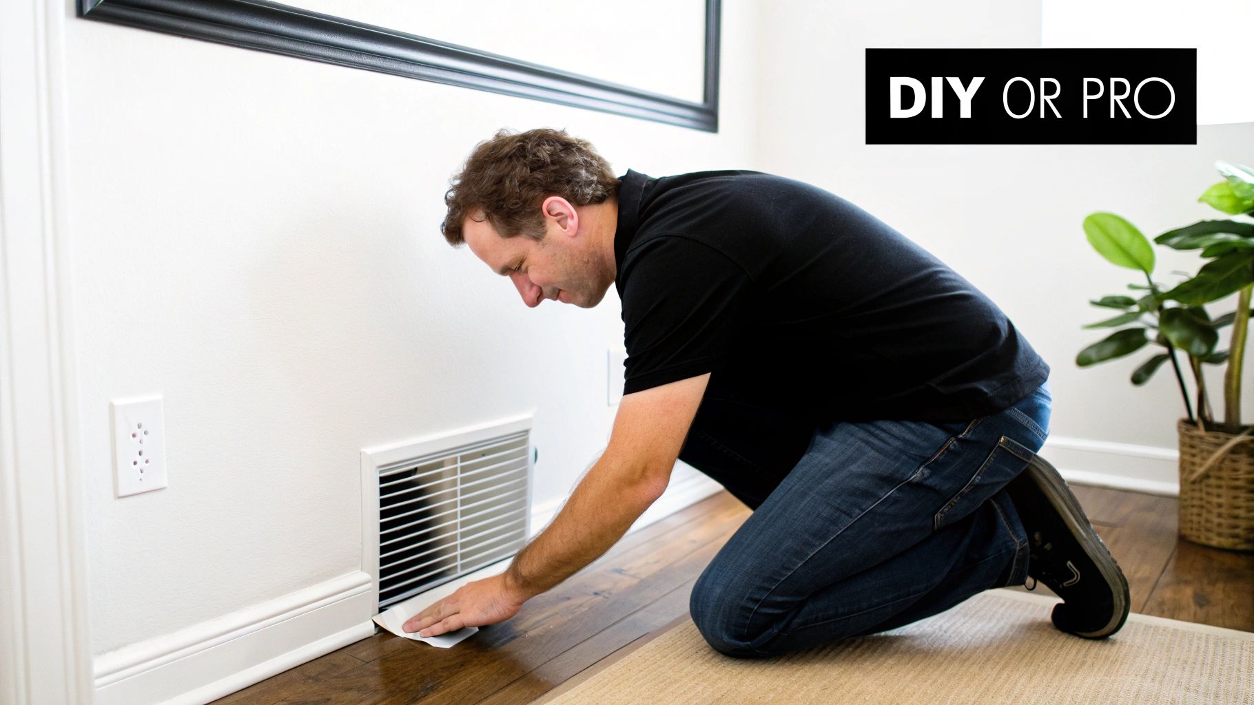 A person's hand in a blue glove holding a cleaning brush over a floor vent, preparing to clean it.