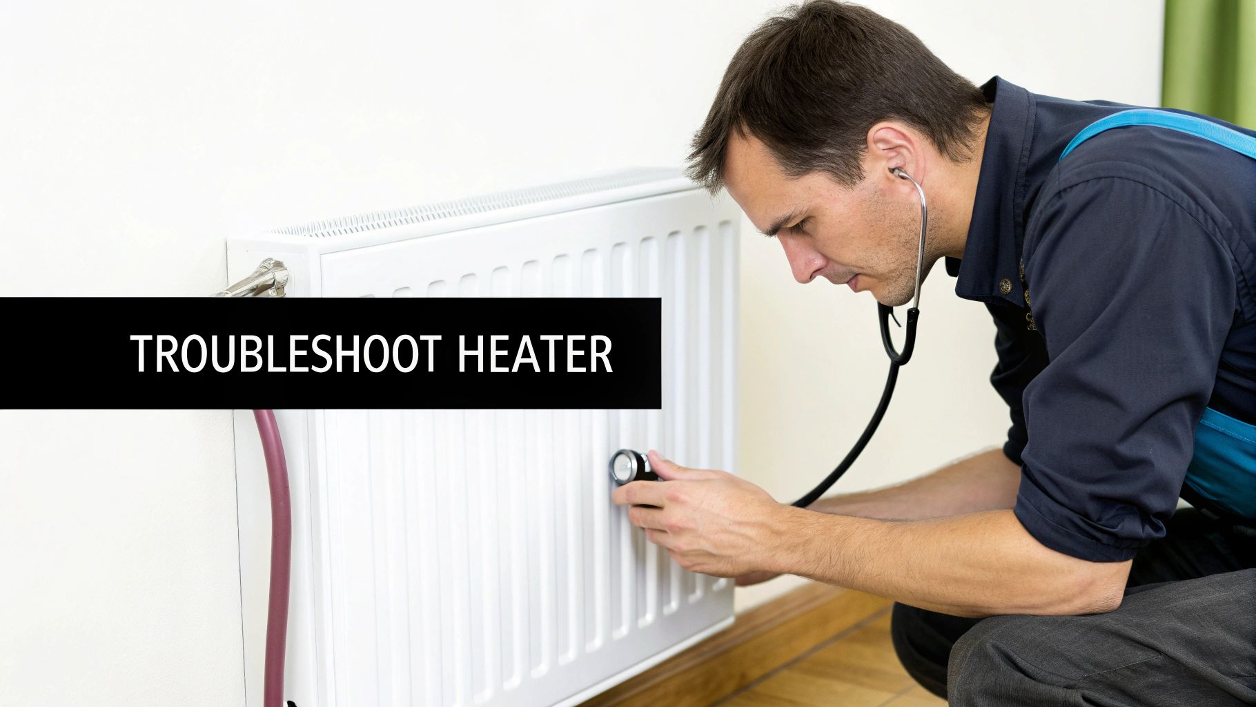 Hot Water Baseboard Heaters: Whisper-Quiet, Efficient Home Heating 4 A man, likely a technician, is examining a white radiator with a stethoscope to troubleshoot the heater.