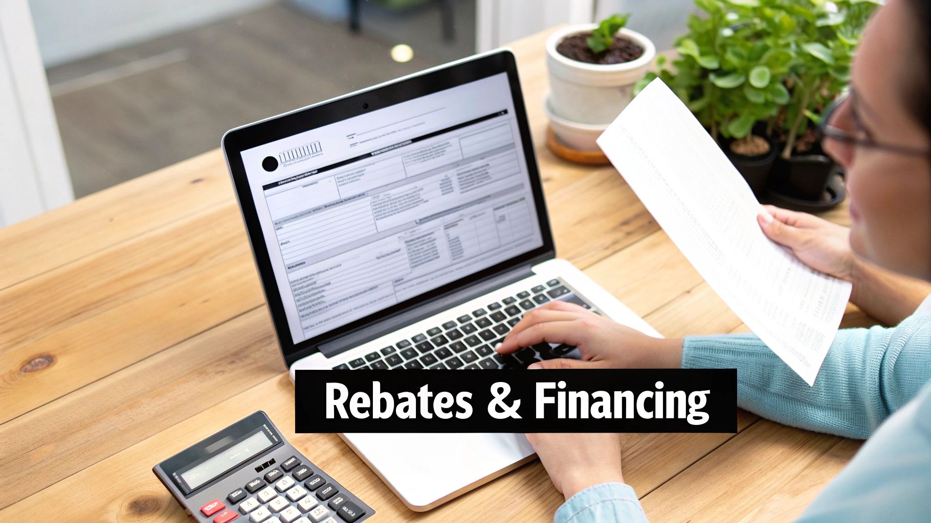 A homeowner reviews paperwork with an HVAC technician in front of a newly installed furnace.