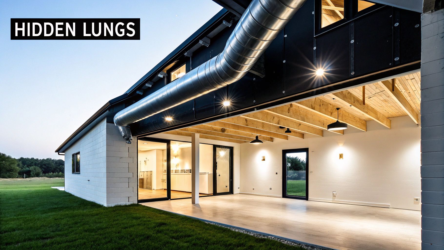Modern building with large exposed industrial air duct, open glass doors, wooden ceiling, and green lawn.