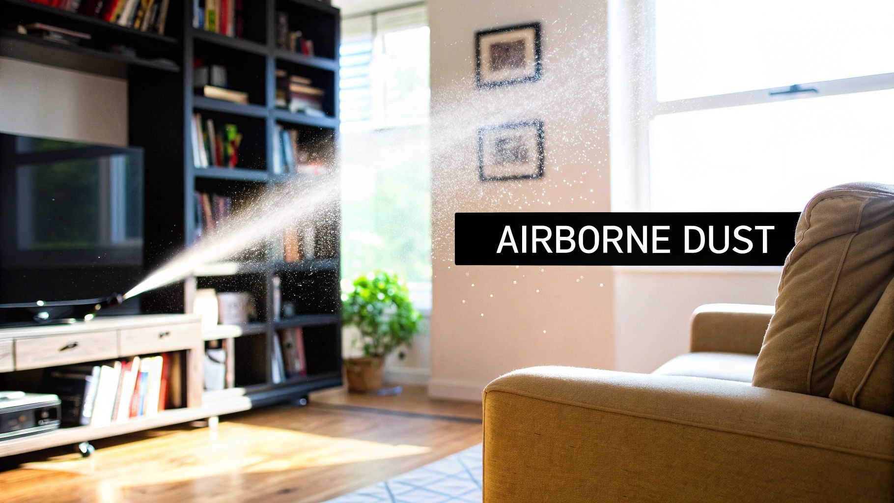 A living room with visible airborne dust particles highlighted, showing a TV, bookshelf, and sofa.