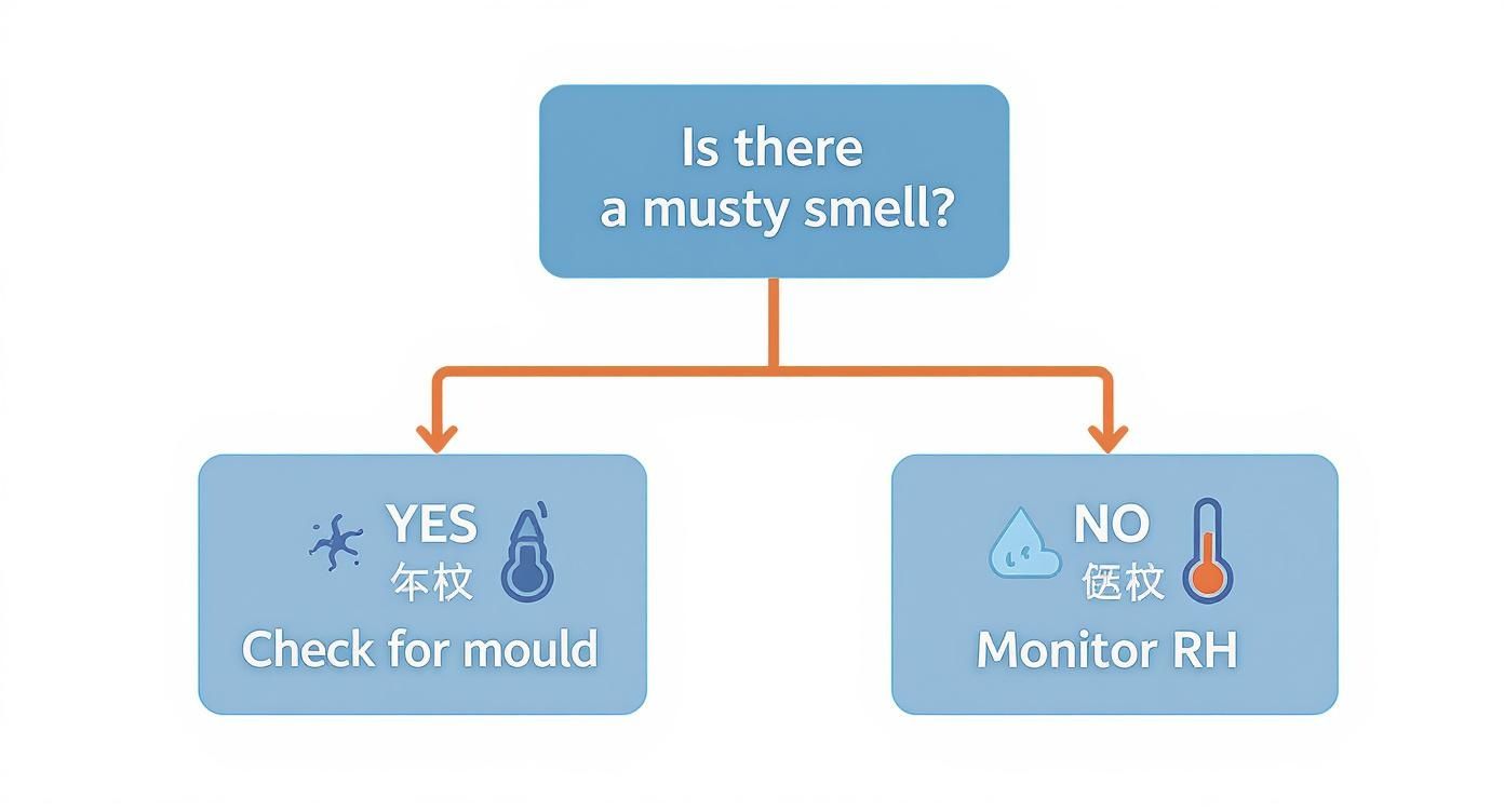 Flowchart for detecting musty smell, guiding users to check for mould or monitor relative humidity.