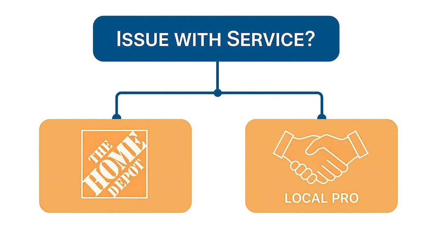 Infographic decision tree comparing post-service support for Home Depot duct cleaning versus a local pro.
