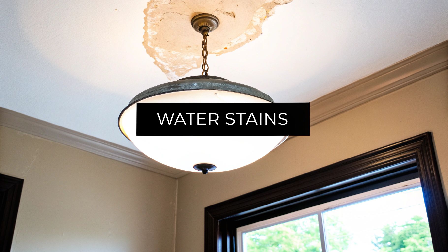 8 Unmistakable Signs of Mold in House You Can't Ignore in 2025 2 A white ceiling with a hanging light fixture shows severe water damage and peeling plaster.