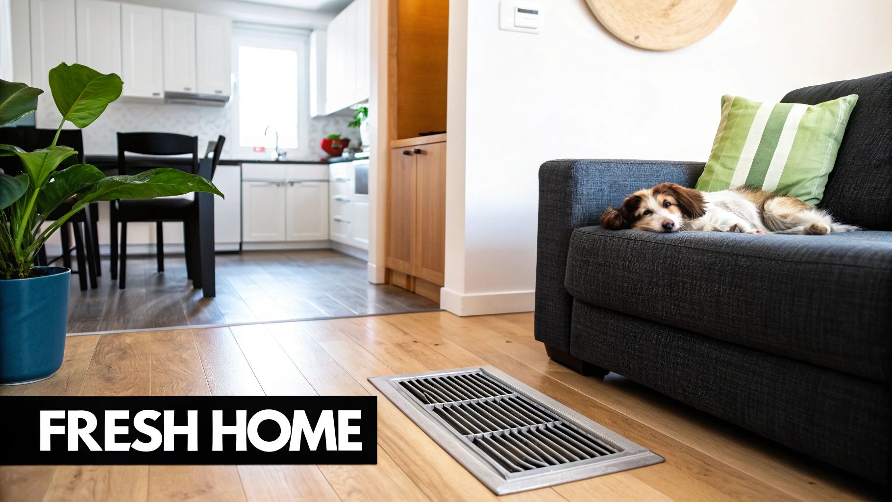 A fresh home interior with a dog relaxing on a couch, an air vent, and a bright kitchen.