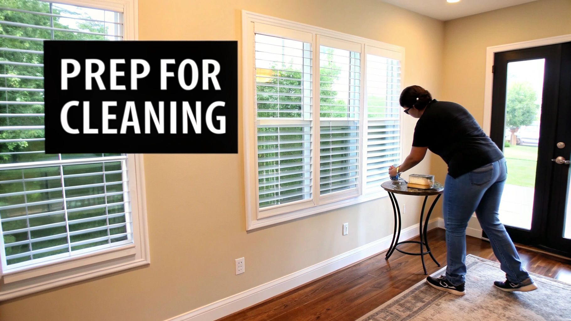 A neatly organized living room with clear access to an air vent, ready for professional cleaning.