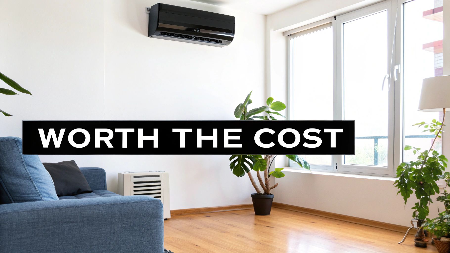A modern room with a black air conditioner above a blue sofa and plants, with text 'WORTH THE COST'.
