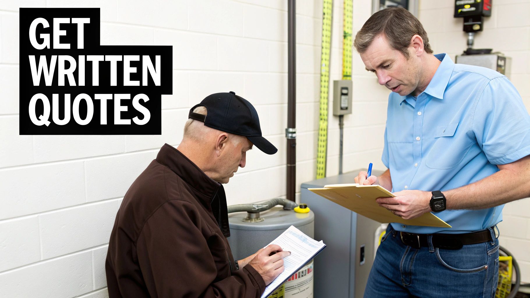 The Real Furnace Cost Ontario Homeowners Should Expect 2 Two men reviewing written quotes for furnace costs in a utility room.