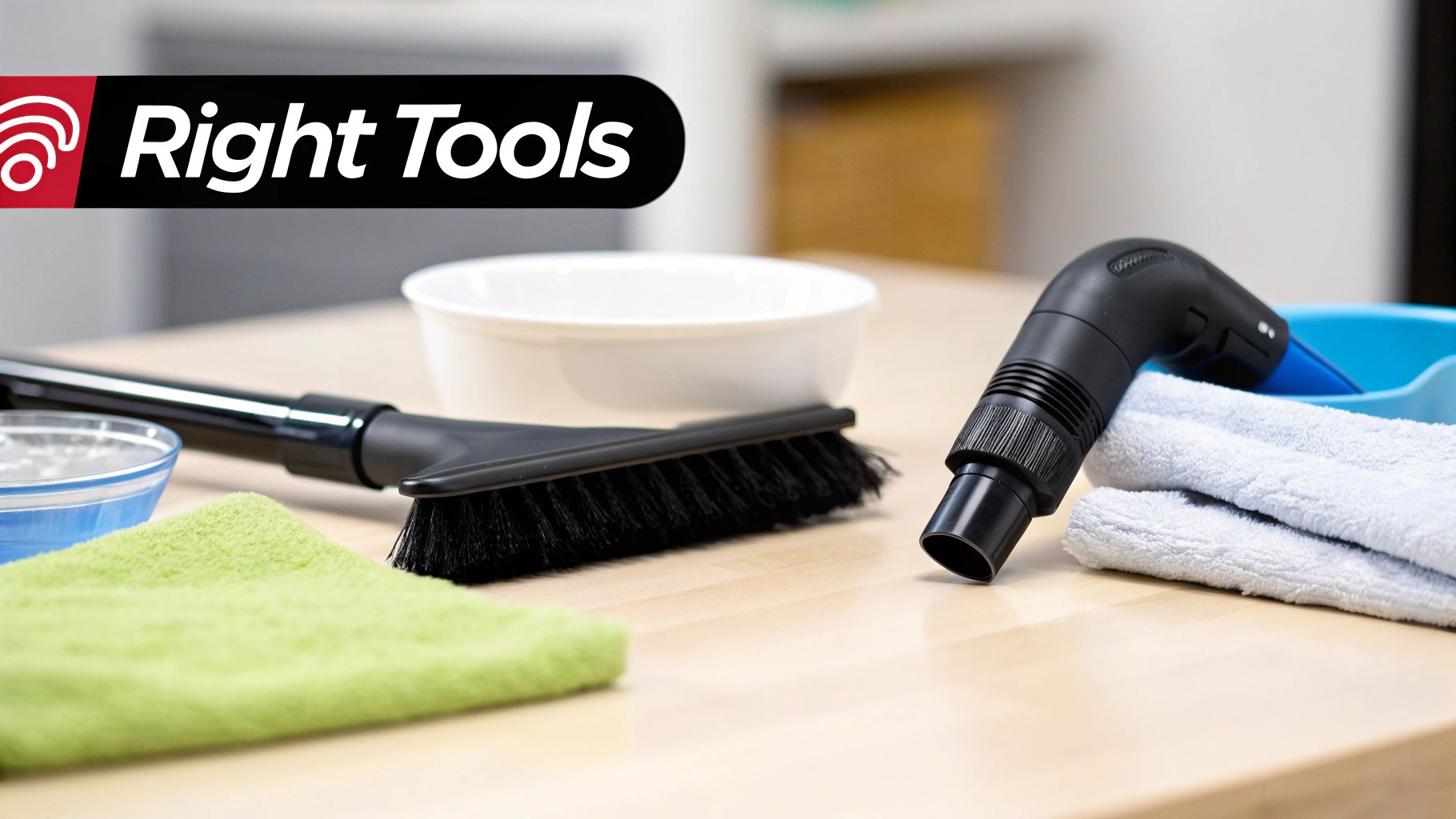 Various cleaning tools including brushes, towels, and bowls on a light wooden table.