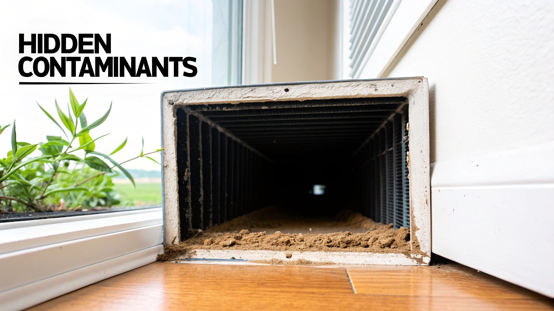 A Guide to Local Air Duct Cleaning Service in the GTA 2 A close-up view of a very dirty air duct vent filled with dust, next to a window on a wooden floor.
