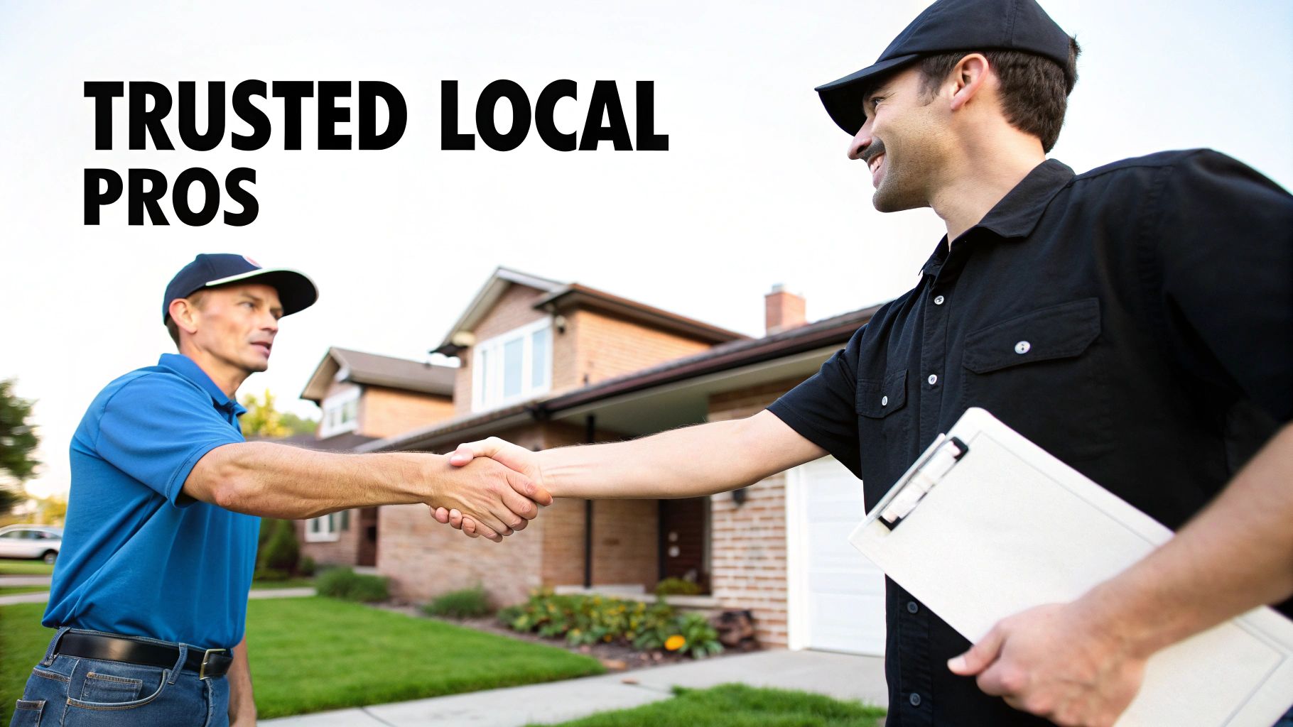 A homeowner shaking hands with a professional air duct cleaning technician in front of a service van.