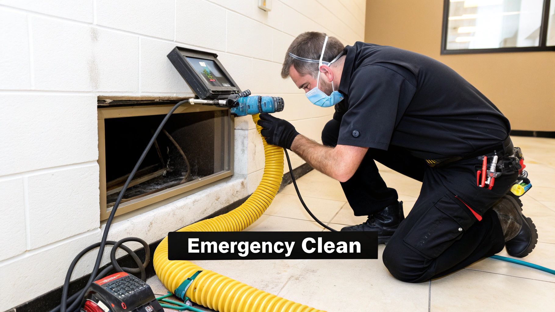 A technician in a mask and gloves cleans an air duct with a yellow hose and a monitor.