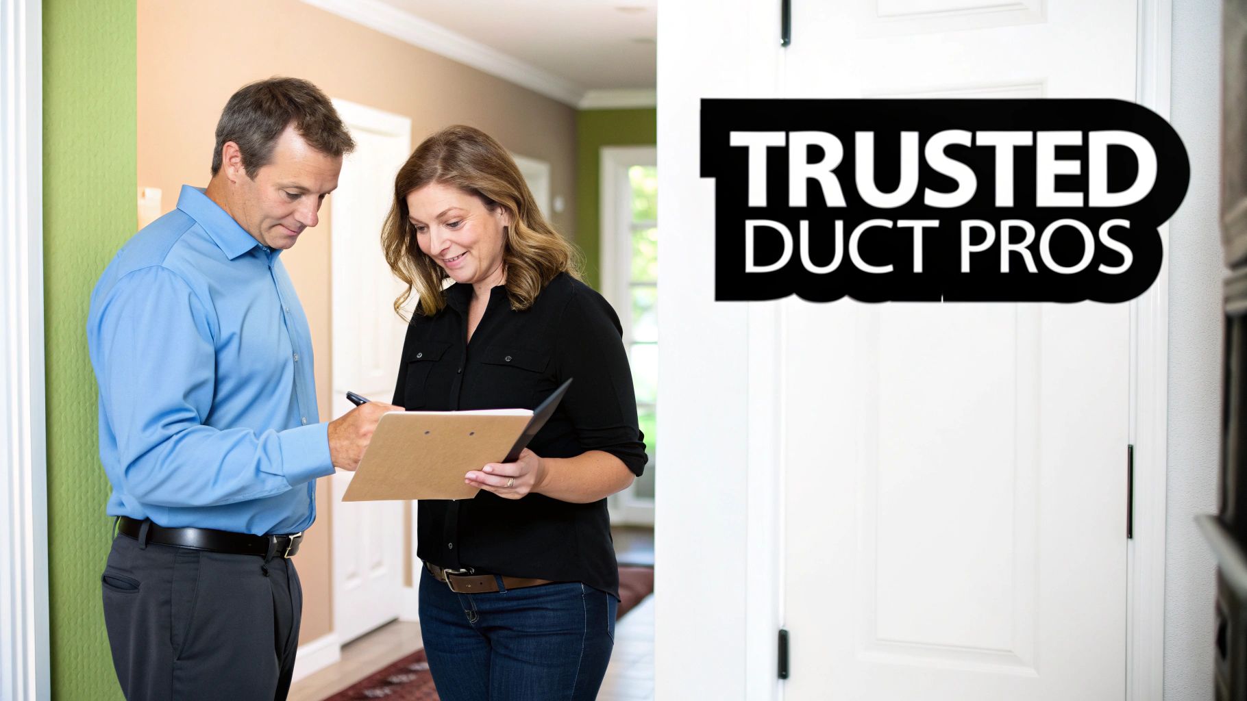 A man signs a document on a clipboard held by a smiling woman during a home service consultation.
