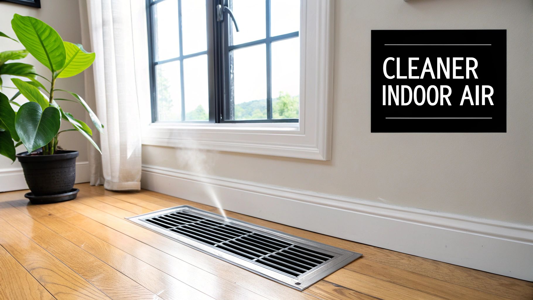 A floor vent emits mist into a room with a window, a plant, and a 'Cleaner Indoor Air' sign.