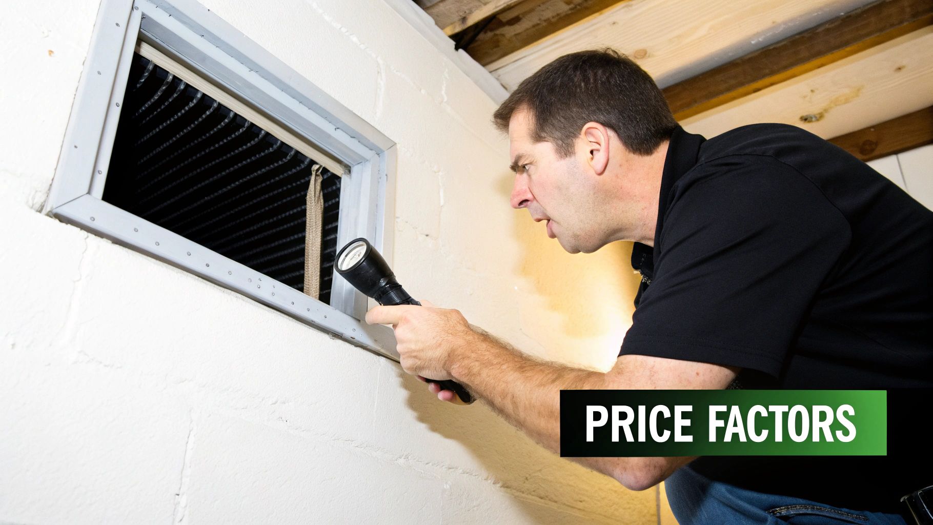 A man inspects a dark air duct opening with a flashlight in a basement or crawl space.