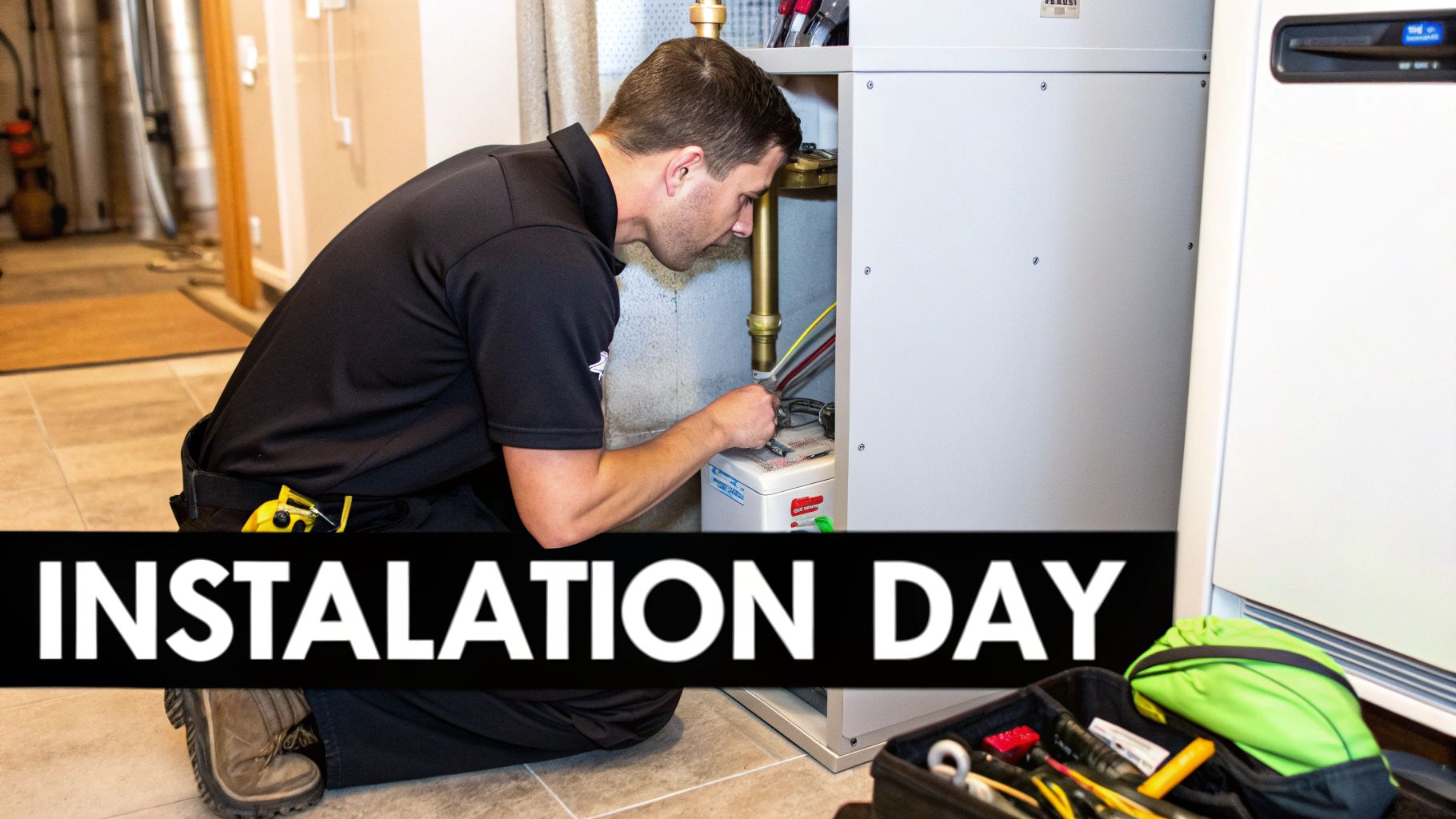A technician working on a furnace installation