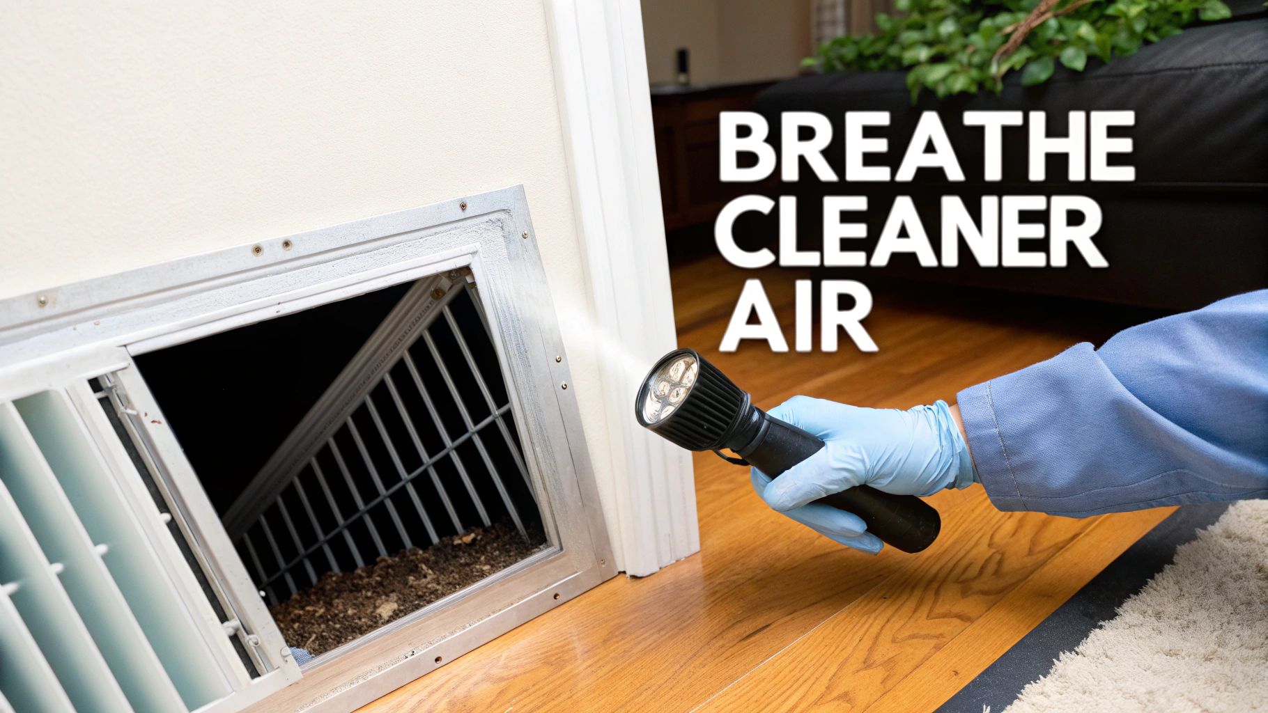 Professional hand in blue glove inspecting dirty air duct with flashlight for HVAC cleaning