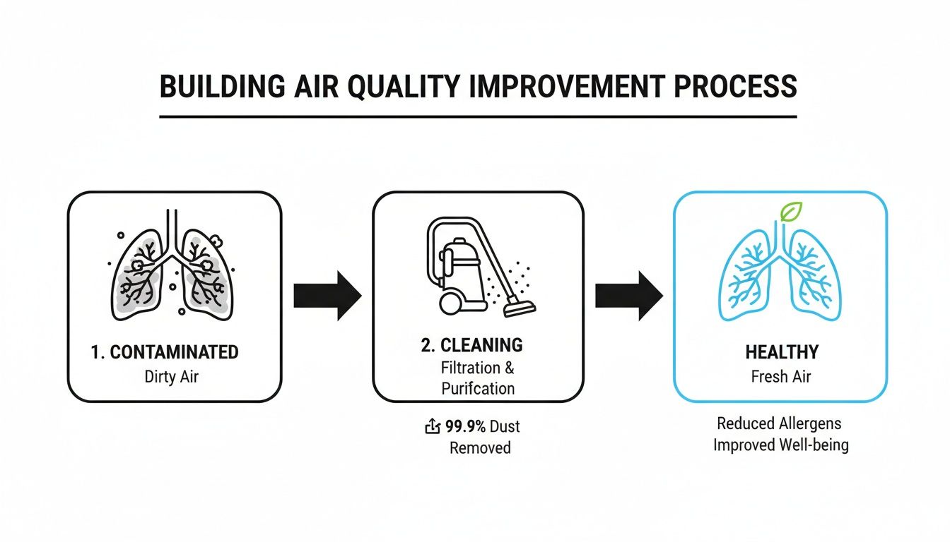 The Ultimate Guide to Commercial Air Duct Cleaning in Canada 1 Process of improving building air quality, showing contaminated lungs cleaned by filtration to become healthy with fresh air.