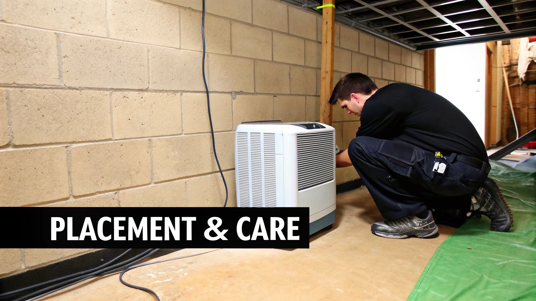 A man crouches beside a white dehumidifier in a basement, performing maintenance or setup.