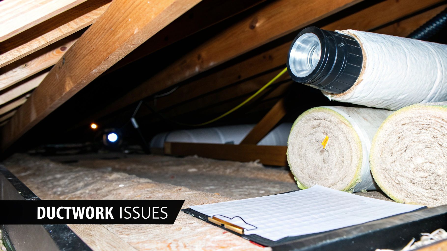 An attic space showing rolls of insulation, insulated ductwork, wooden beams, and a clipboard with 'Ductwork Issues' text.