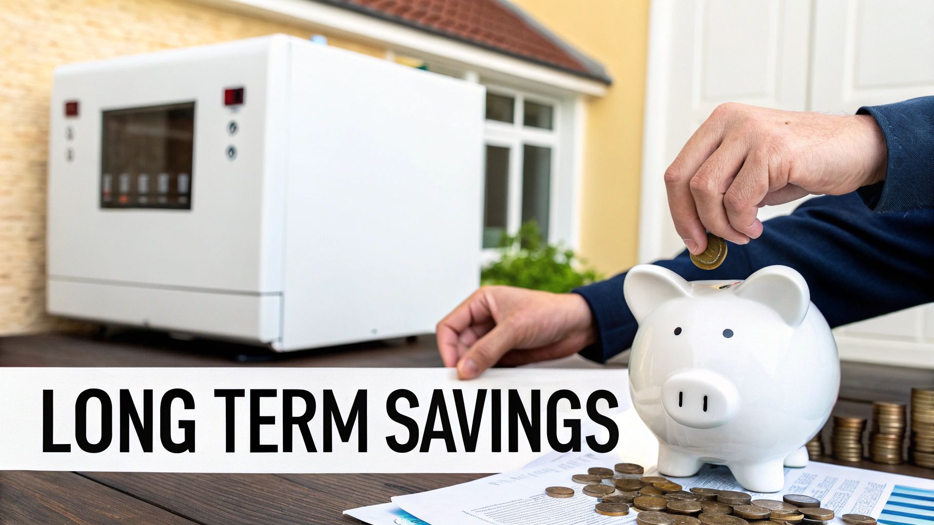 A hand drops a coin into a white piggy bank, with 'LONG TERM SAVINGS' text overlay.