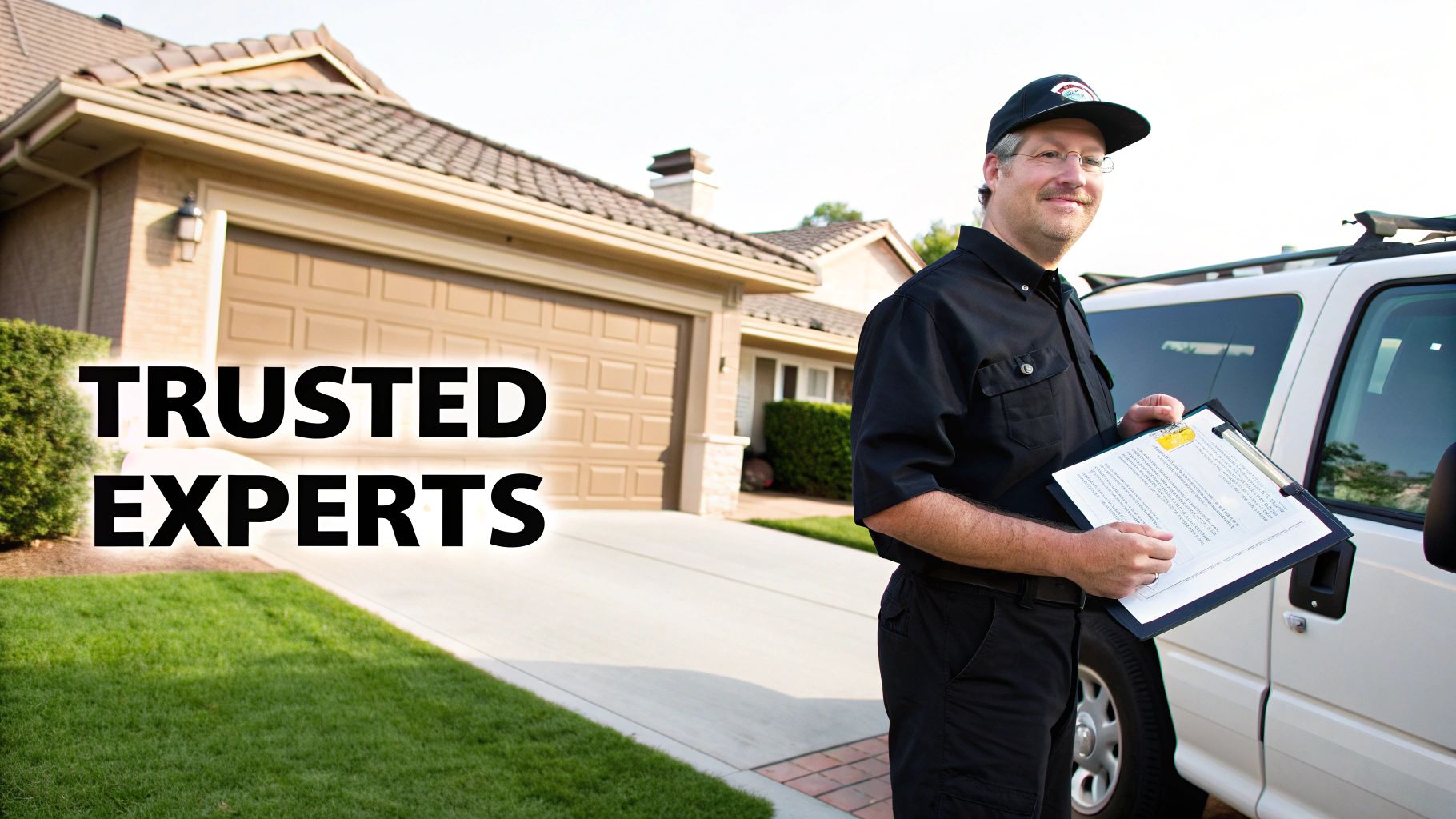 A male service technician in uniform holds a clipboard next to a white service van at a suburban house.