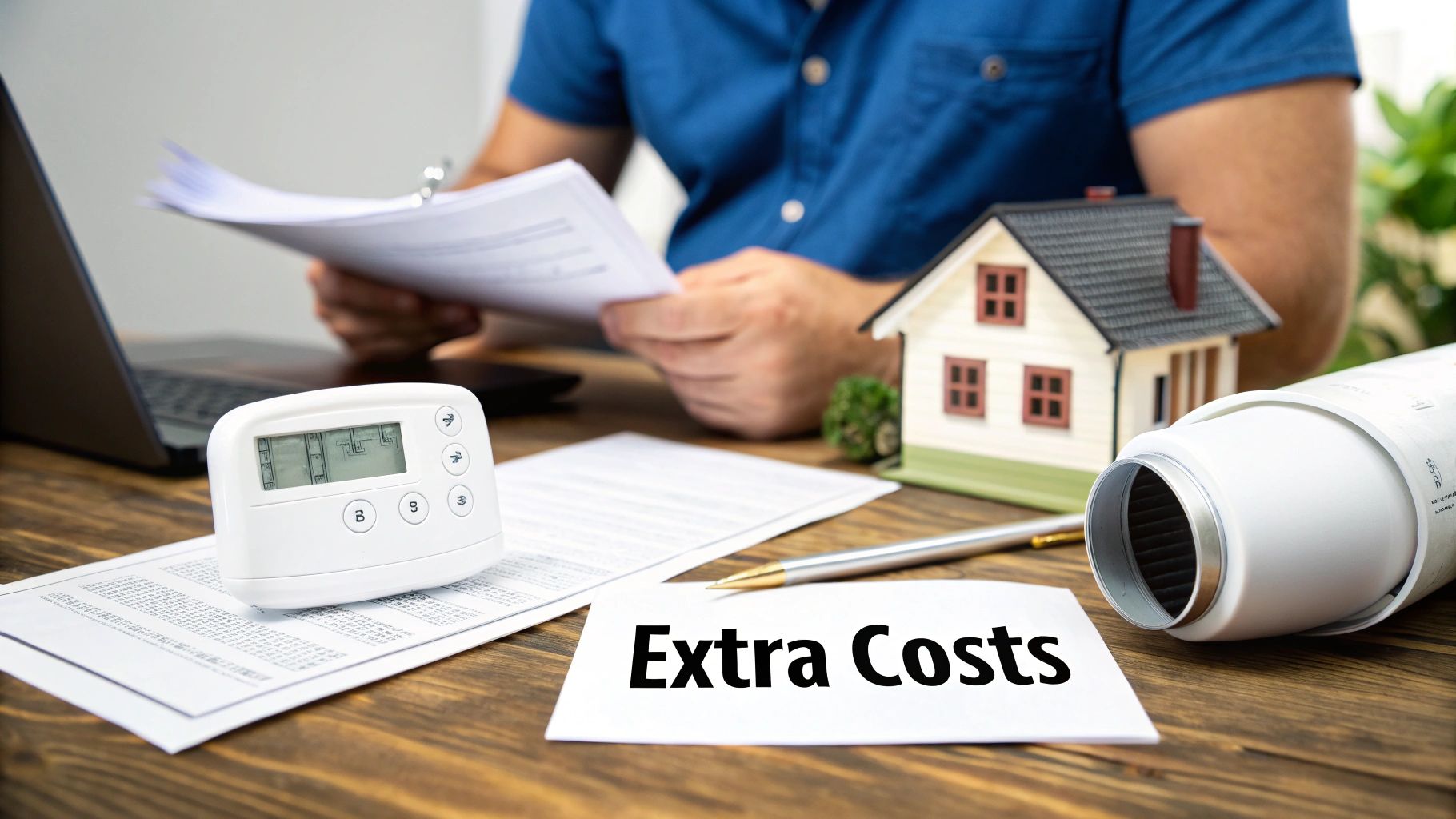 A person reviews documents on a desk with a house model, thermostat, and 'Extra Costs' note.