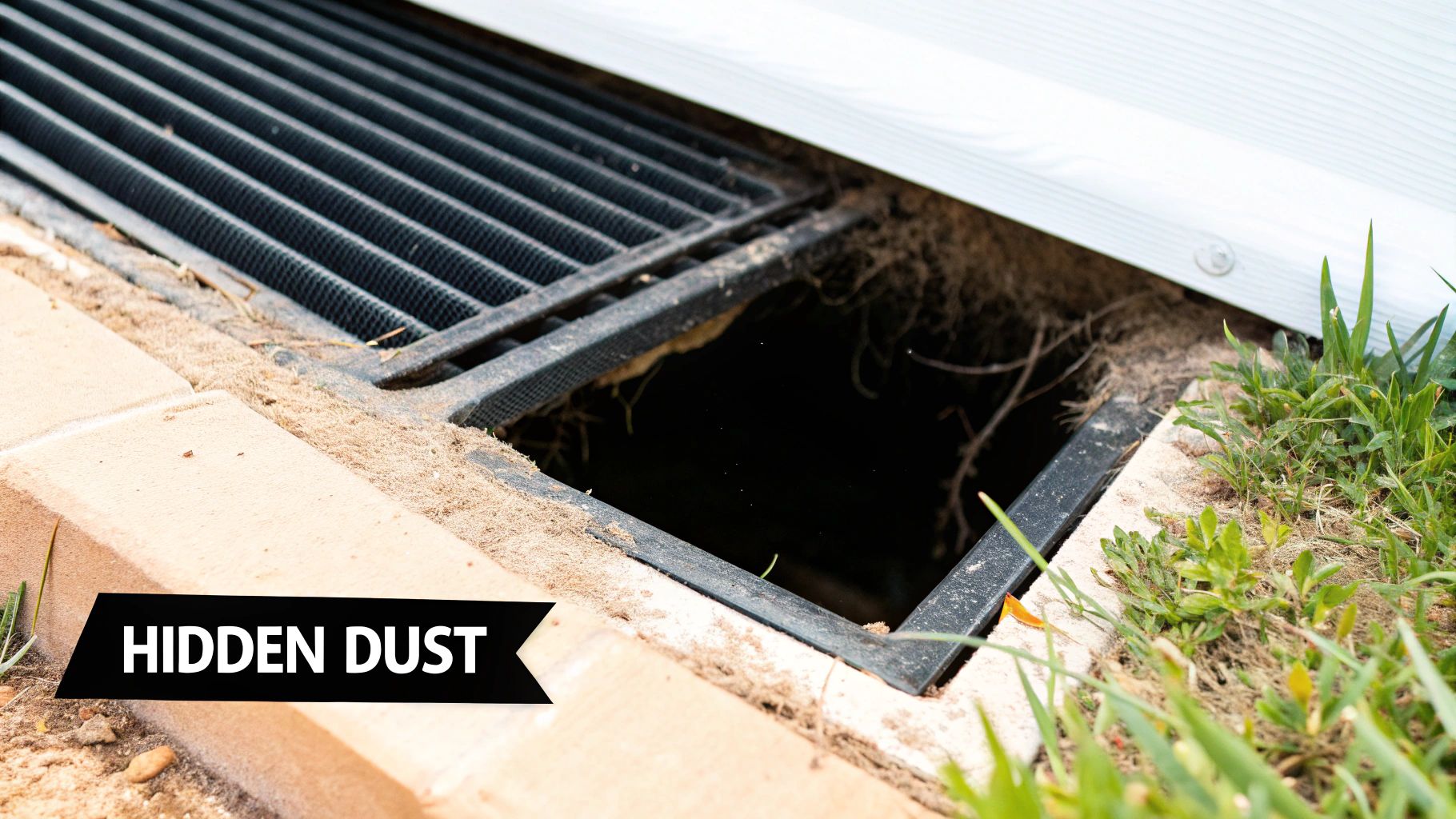Close-up view inside a dirty, dusty residential air duct showing accumulated debris and potential mould growth.