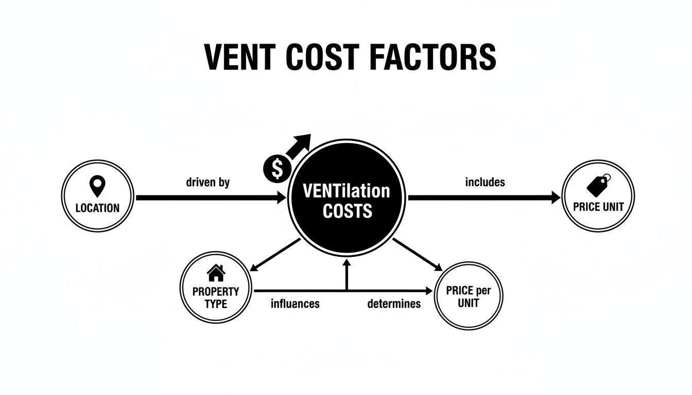 Diagram illustrating ventilation cost factors, driven by location and property type, influencing price per unit.