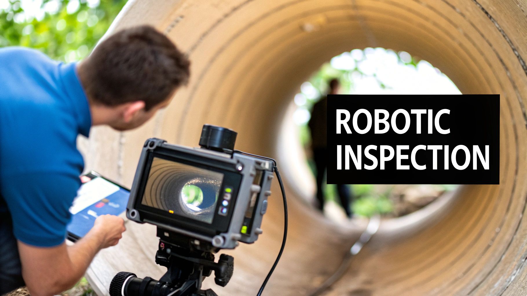A futuristic robotic camera inspecting the inside of a clean, metallic air duct.