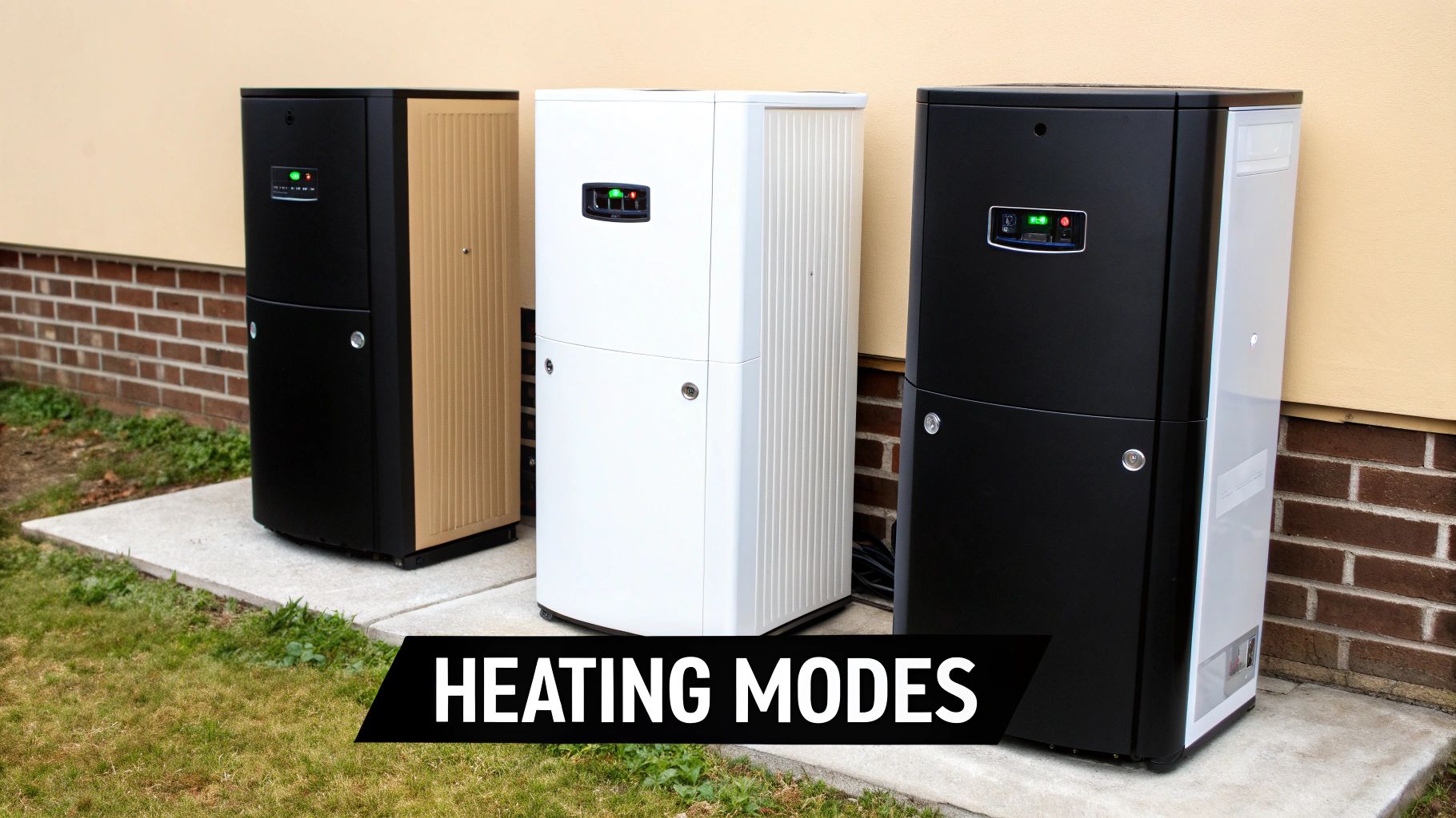 Three modern outdoor heating units in black, white, and tan colors standing against a building wall.