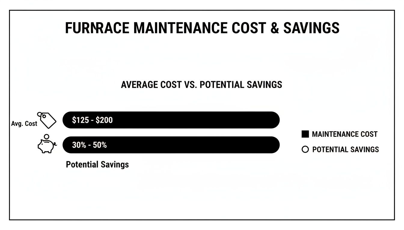 Infographic showing average furnace maintenance cost ($125-$200) and potential savings (30%-50%).