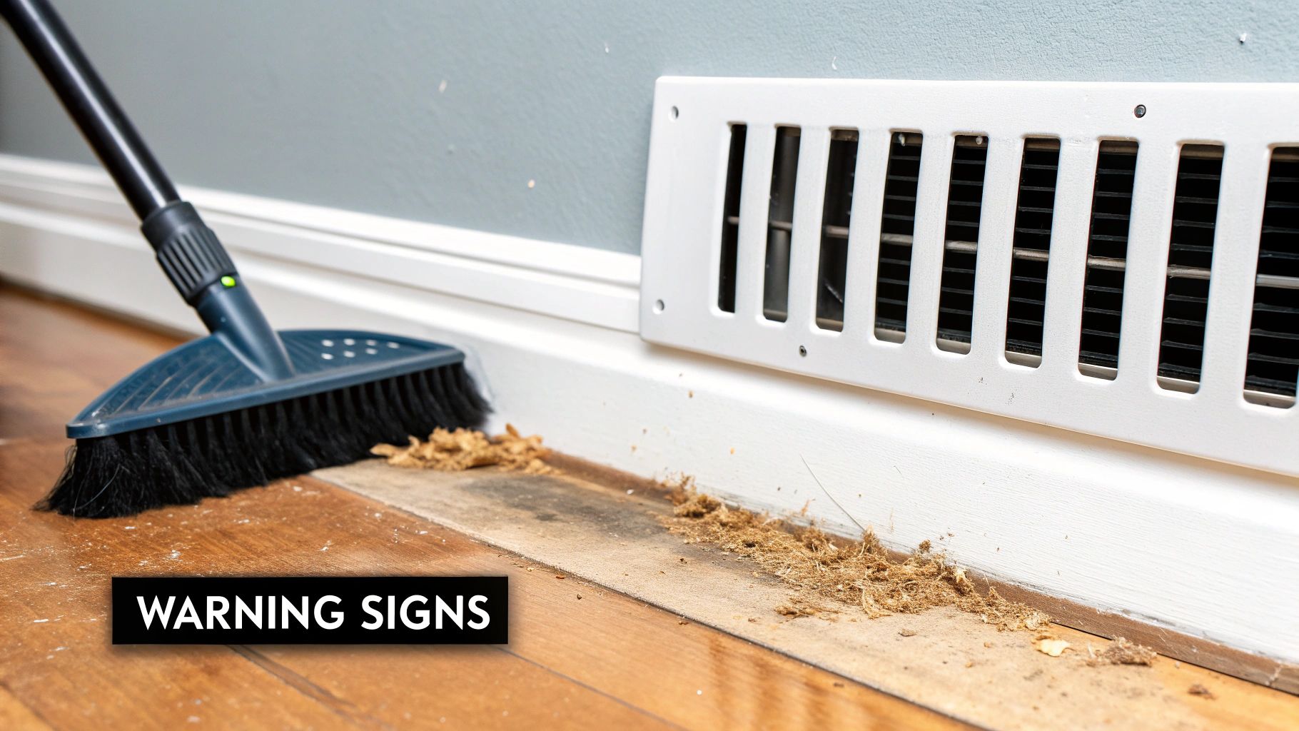 A Canadian Homeowner's Guide To Cleaning Air Vents 1 A broom sweeps a large pile of dirt and debris from a dirty wooden floor near a white air vent.