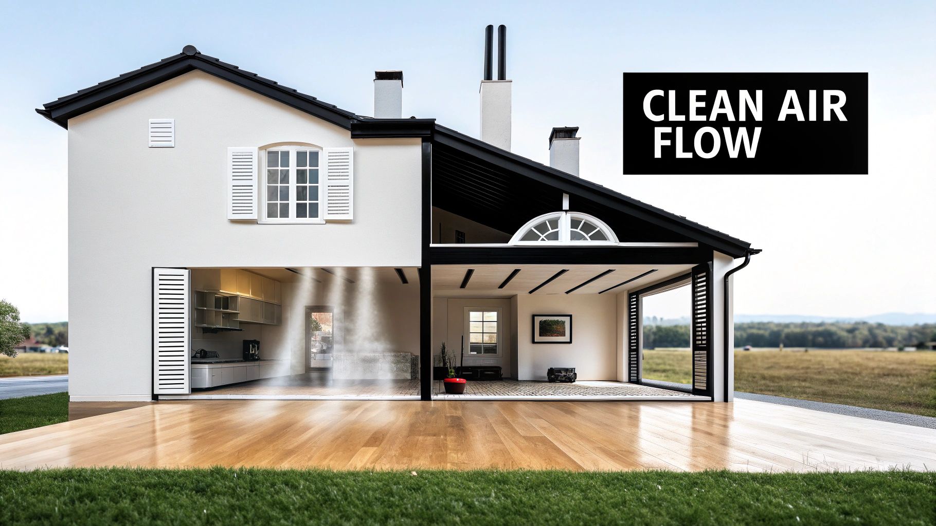 Cross-section view of modern home showing clean air flow ventilation system and interior spaces