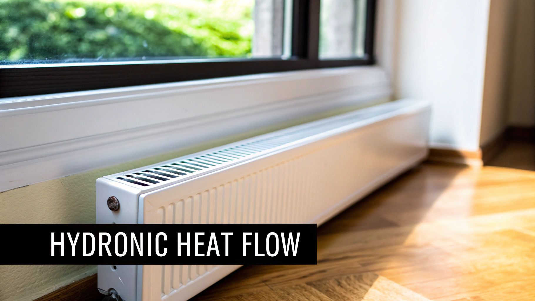 Hot Water Baseboard Heaters: Whisper-Quiet, Efficient Home Heating 2 A white hydronic baseboard heater installed beneath a window, with sunlight shining on the wooden floor.