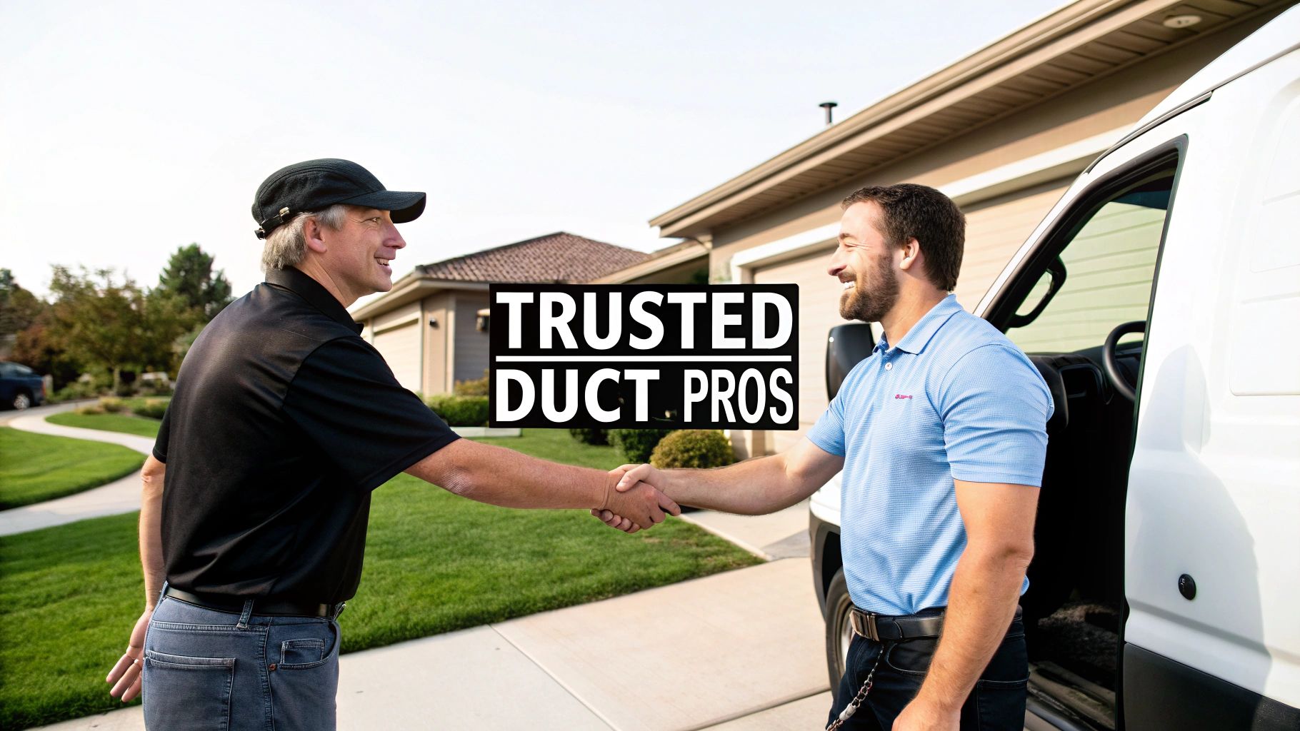 Two smiling men, a service professional and a customer, shaking hands by a a white service van.