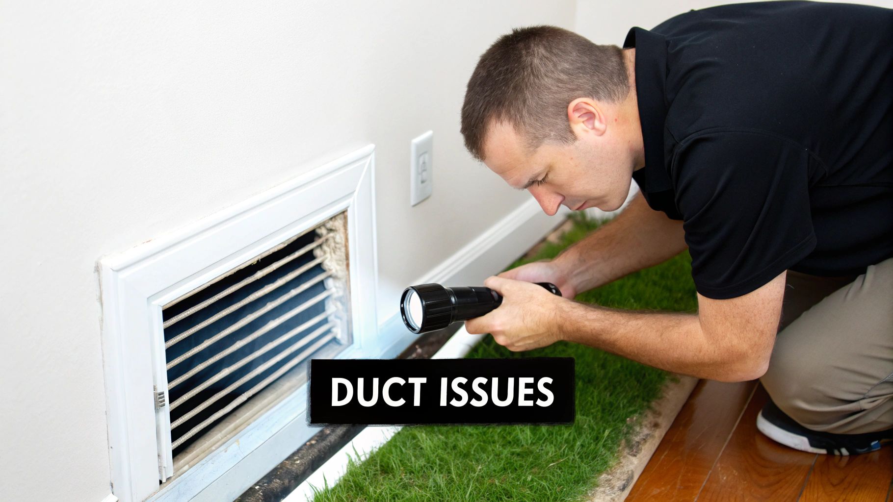 A technician kneels to inspect a floor-level air duct with a flashlight, highlighting duct issues.