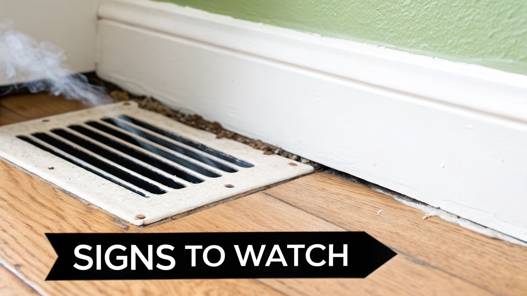 A professional technician shines a light into a dusty air duct vent, showing a clear before-and-after contrast.