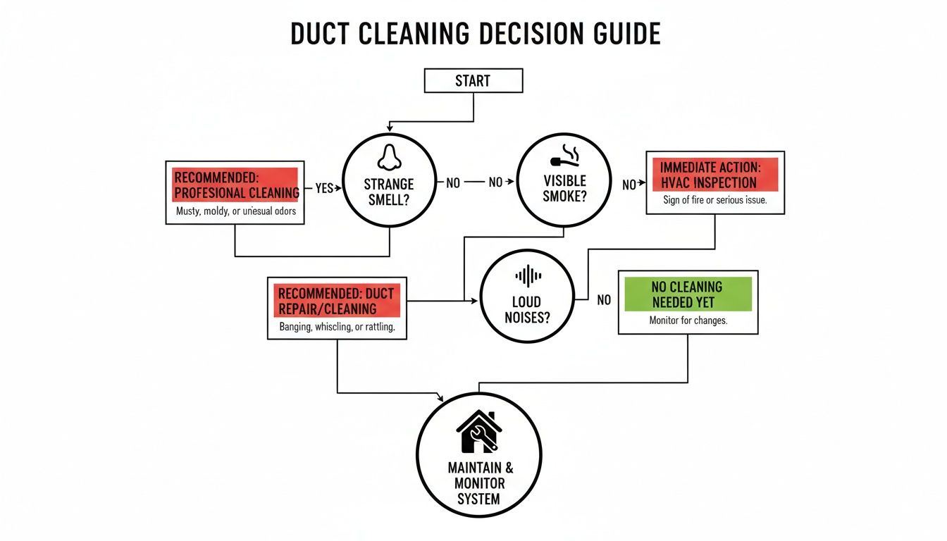 Flowchart for duct cleaning decisions, guiding users through strange smells, visible smoke, and loud noises.