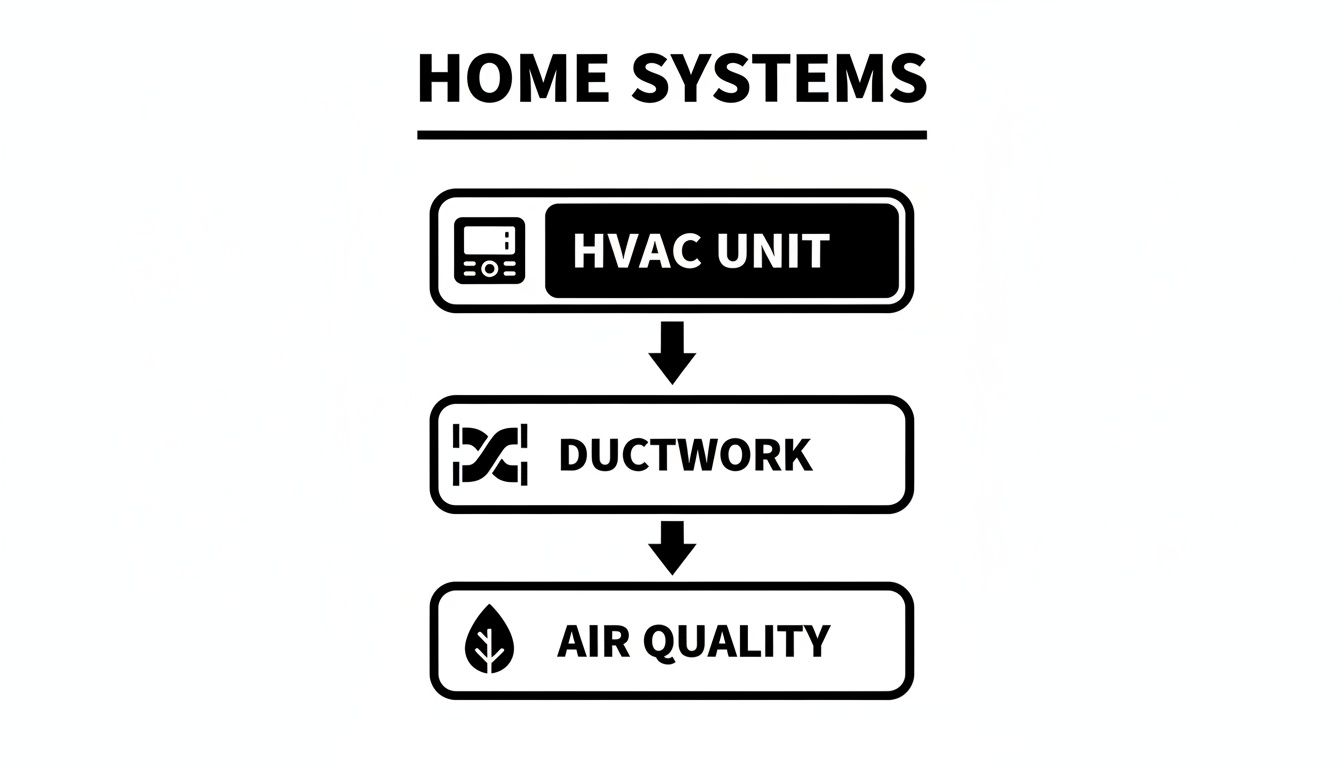 Flowchart diagram showing Home Systems: HVAC Unit leading to Ductwork, which impacts Air Quality.