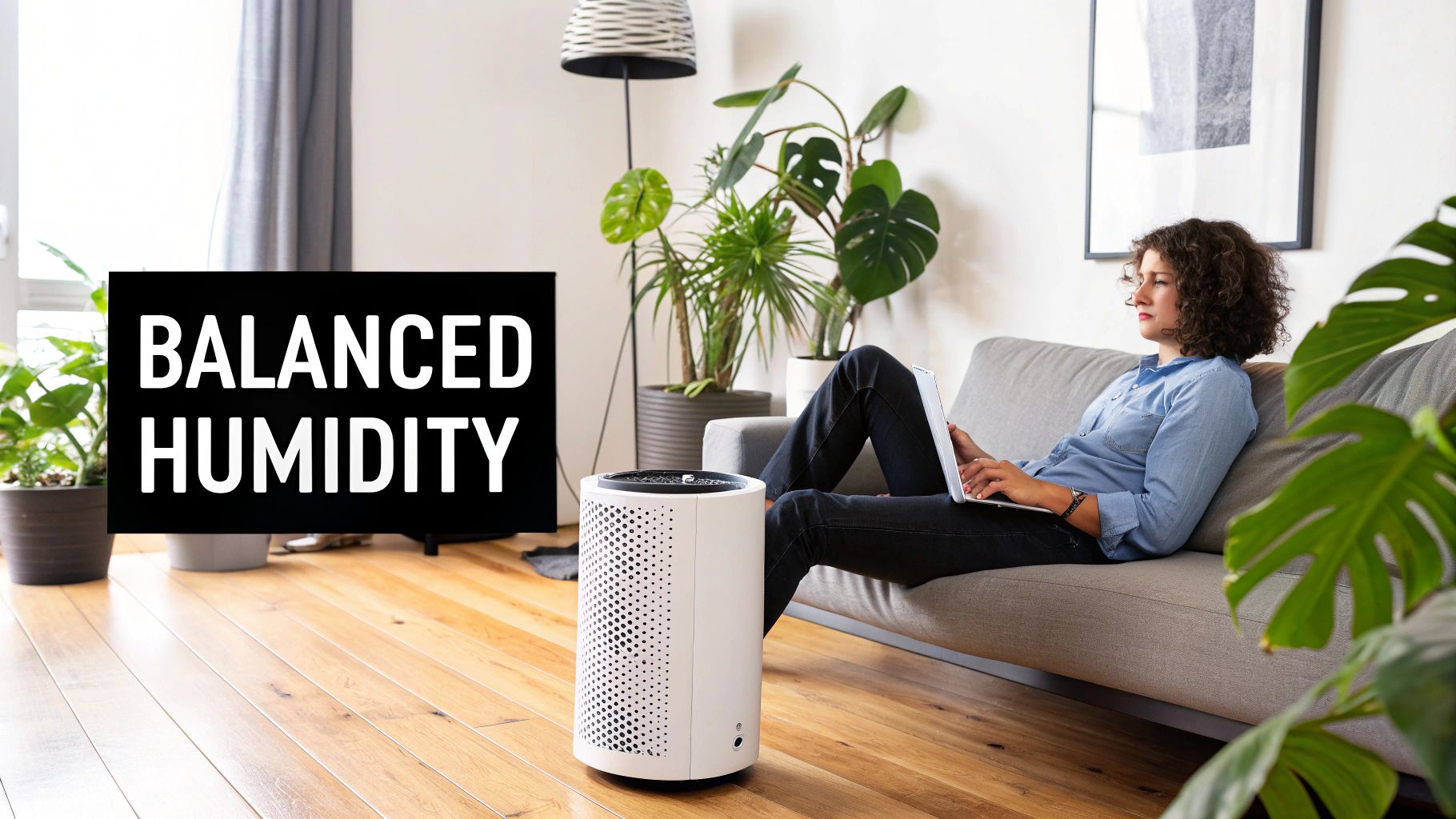 A woman relaxes on a sofa with a laptop next to a humidifier in a modern living room.