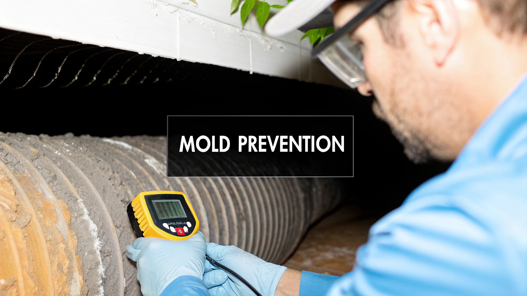 A technician inspects a dusty air duct with a yellow device for mold prevention.