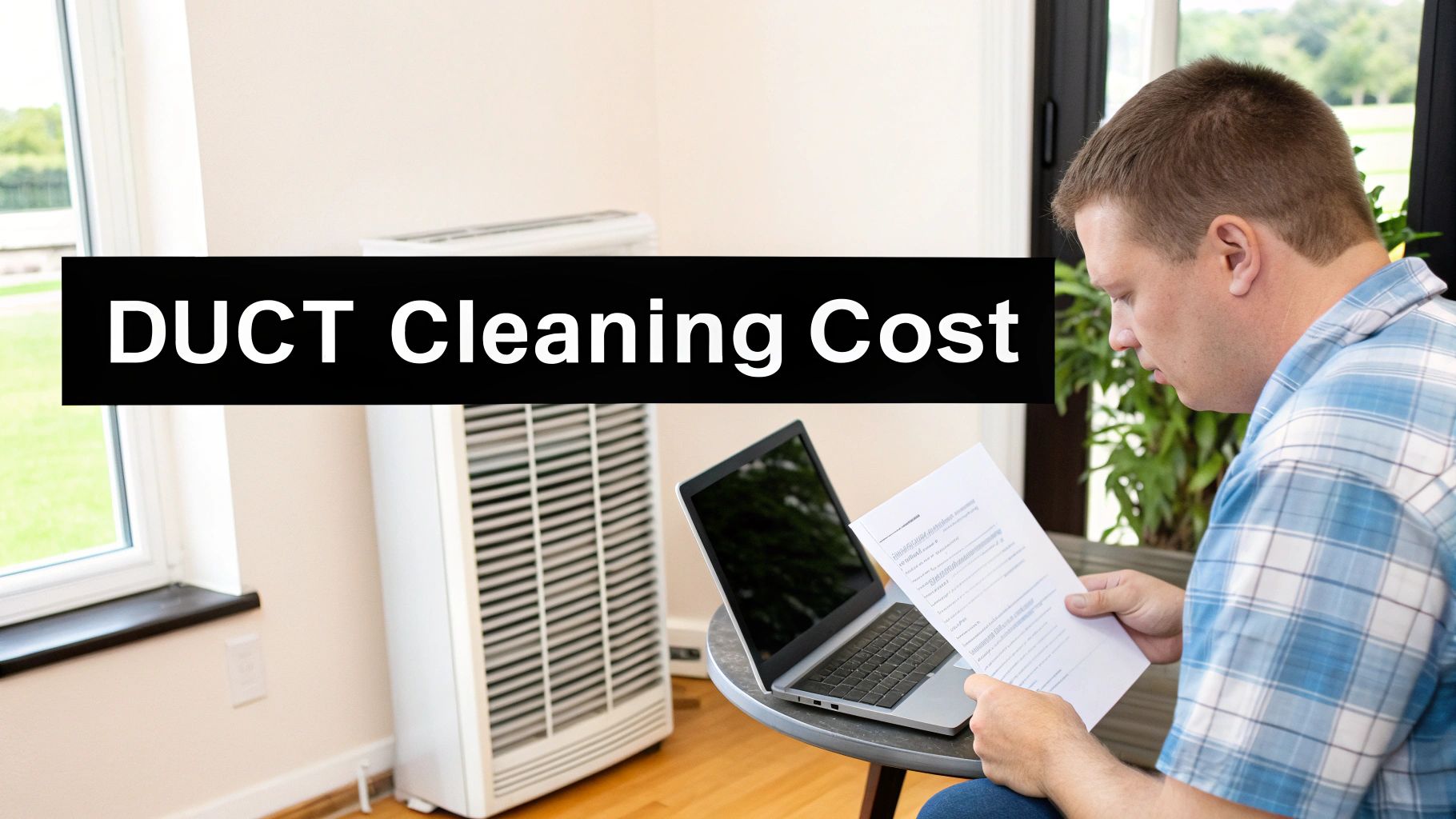 A technician inspecting a home's ductwork with a flashlight, representing the cost assessment process.