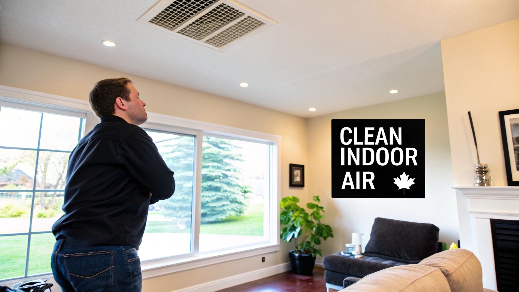 Man looking at a ceiling air vent, with a 'Clean Indoor Air' sign in a modern home.