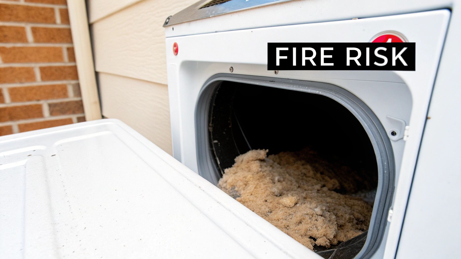 A close-up view of a clogged dryer duct packed with lint and debris.