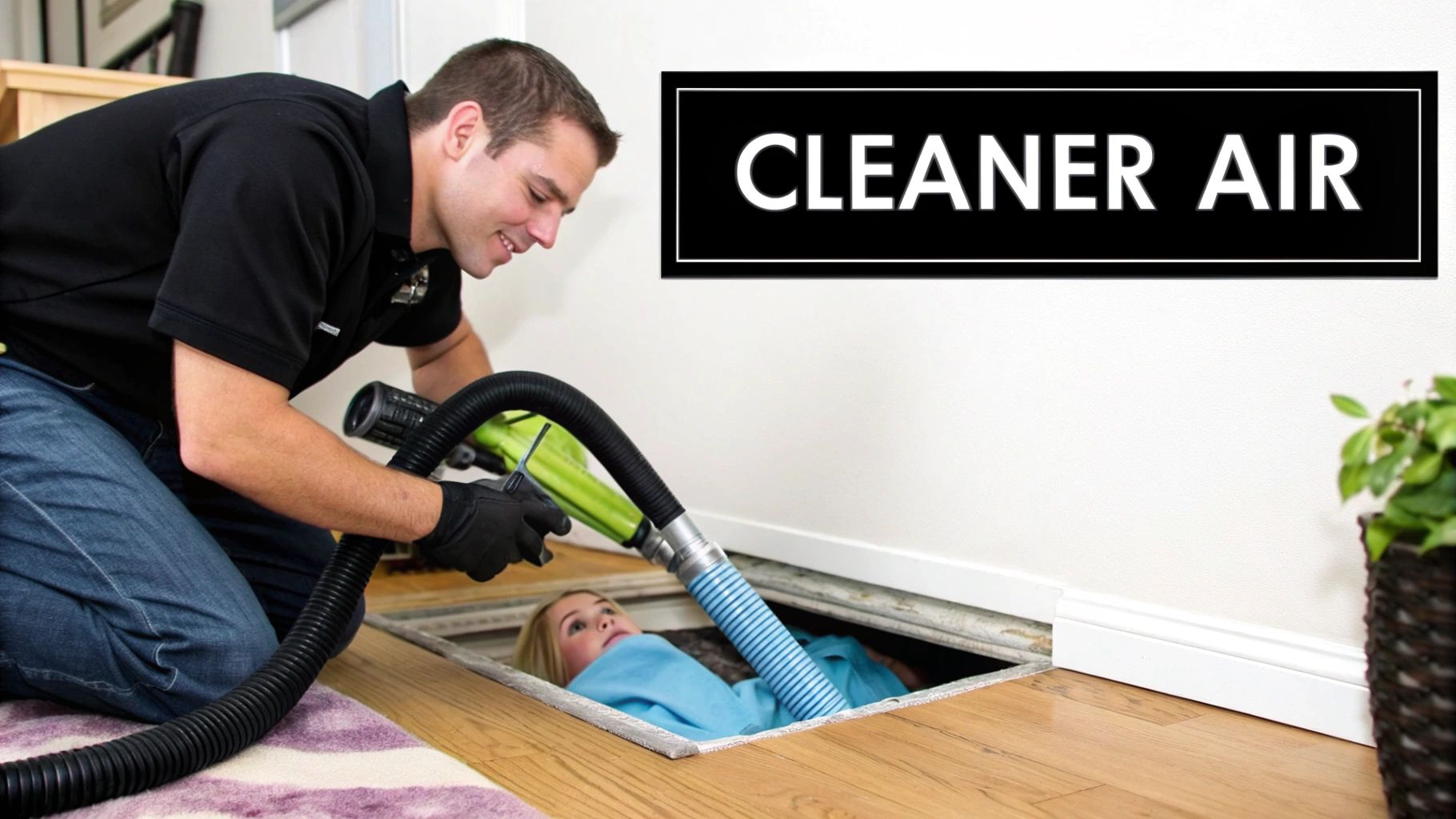 A man uses a powerful vacuum to clean heating air ducts, with a woman observing from inside.