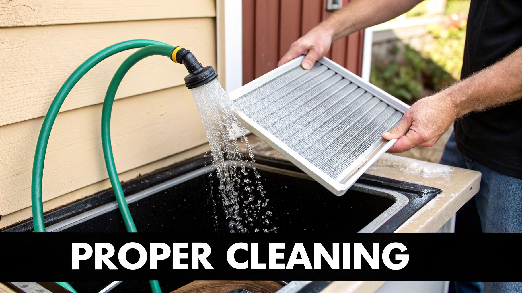 A person uses a garden hose to spray water and clean a reusable furnace filter over an outdoor sink.