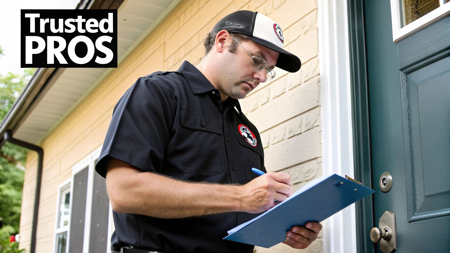 A certified HVAC technician in uniform, smiling and holding a clipboard, standing in front of a clean, professional service van.