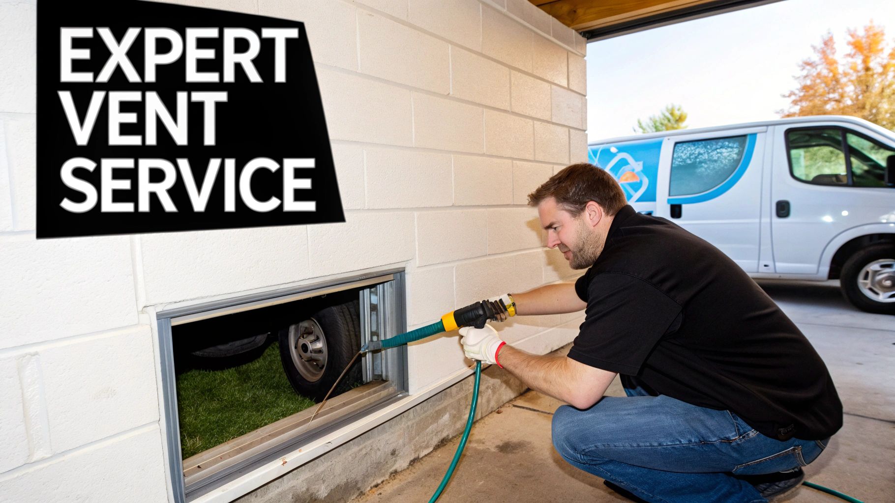 Vent Cleaning How Often: A Complete Guide for Canadian Homeowners 3 A professional in gloves using a hose tool to clean an external building vent or crawl space access.